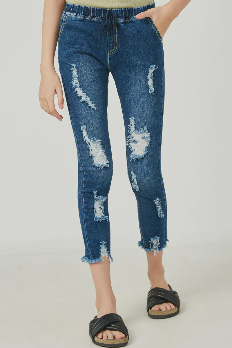 Distressed Drawstring Denim Jeans G6423