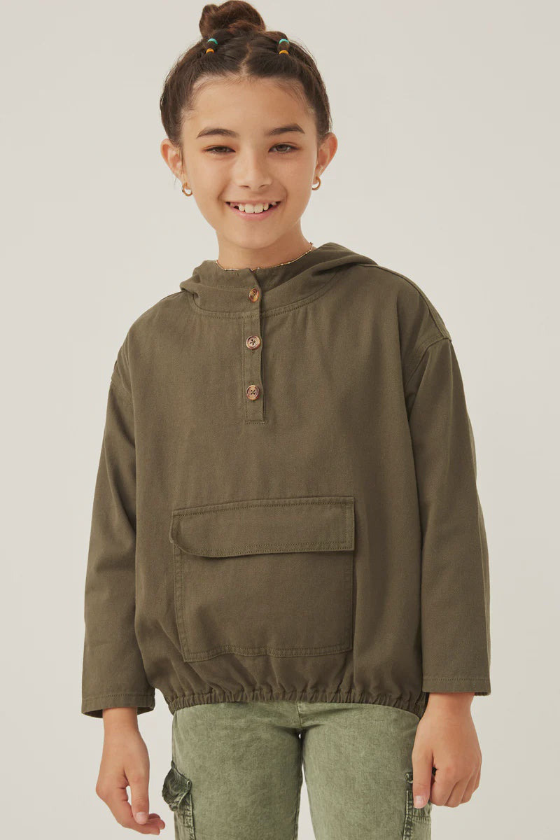 Girls Buttoned Cargo Pocket Hooded Top
