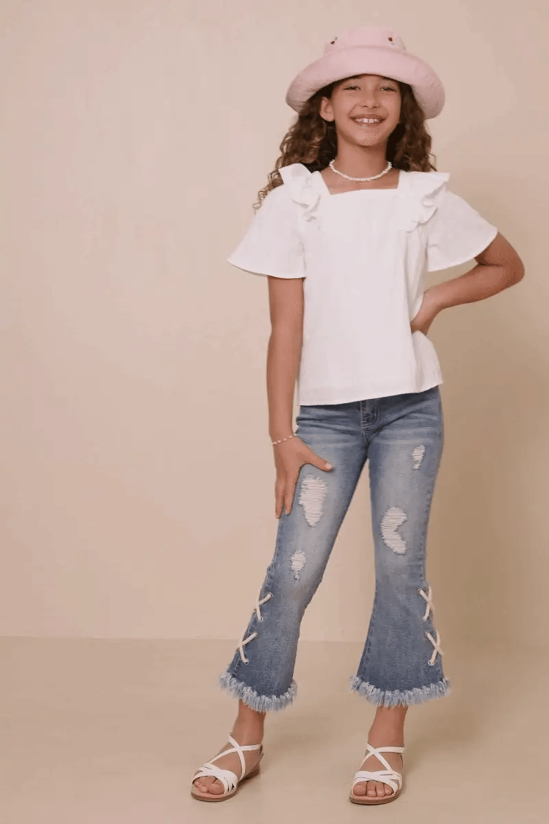 White Lace Trimmed Wide Ruffle Top