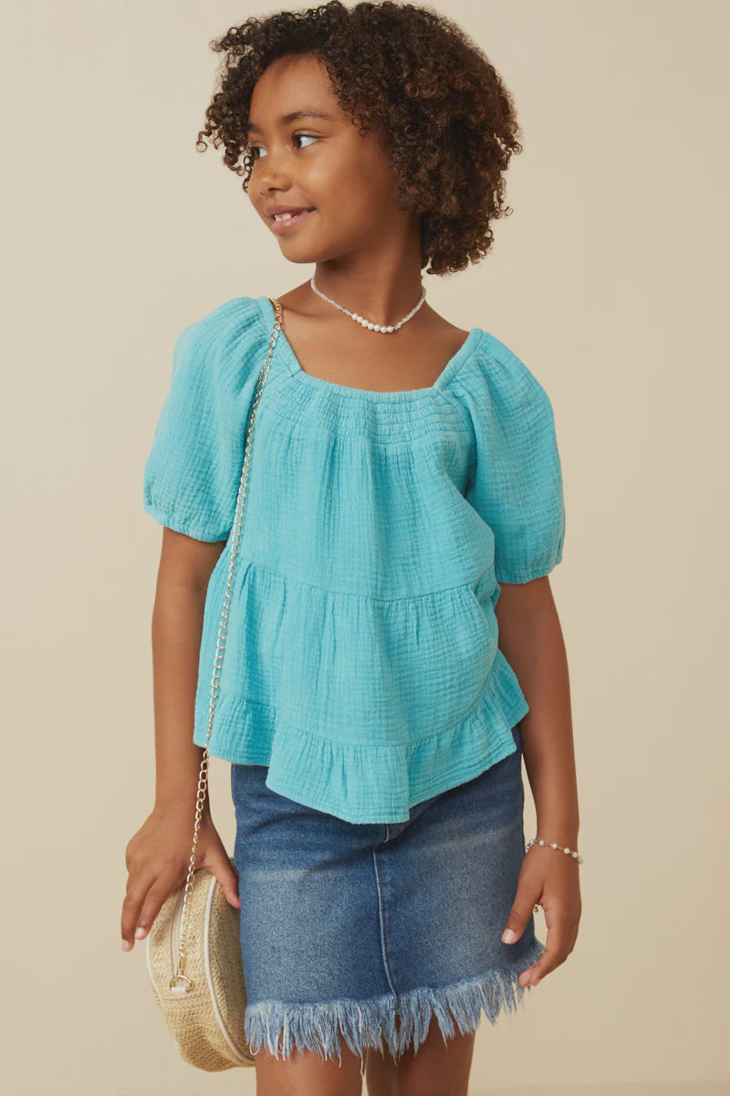Blue Smock Detail Puff Sleeve Top