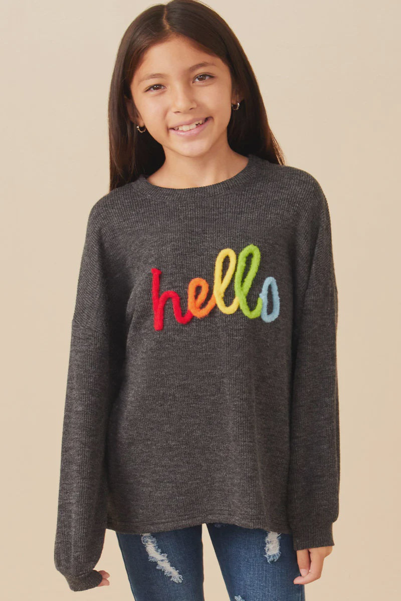 Girls Hand Embroidered Pop Up Hello Verbiage Ribbed Knit Top