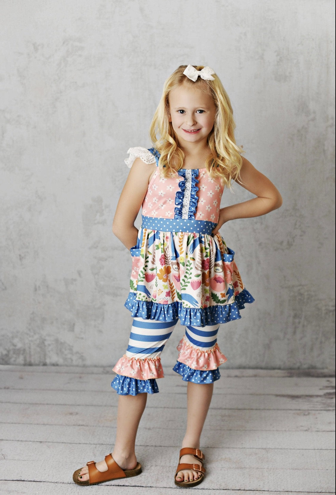 Girls Blue Fox and Pink Floral 2 Pc