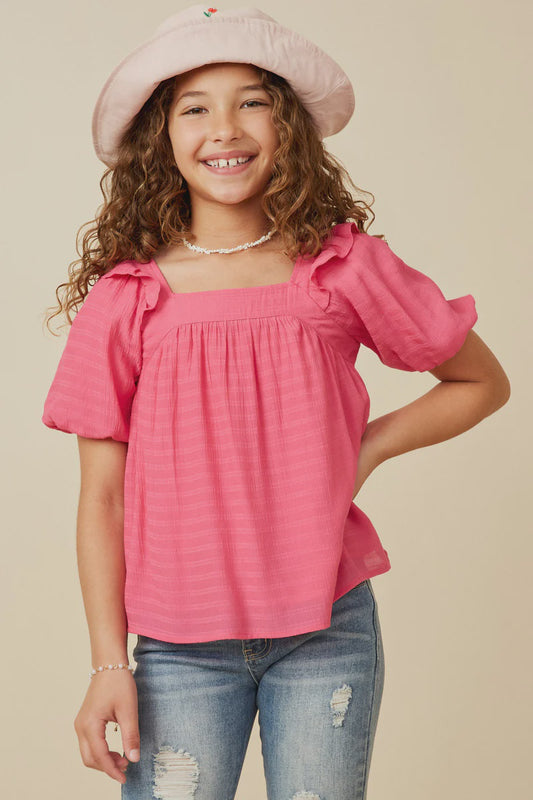 Pink Square Neck Top with Ruffle Shoulder
