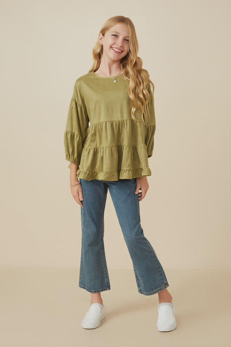 Vegan Suede Tiered Puff Sleeve -Olive